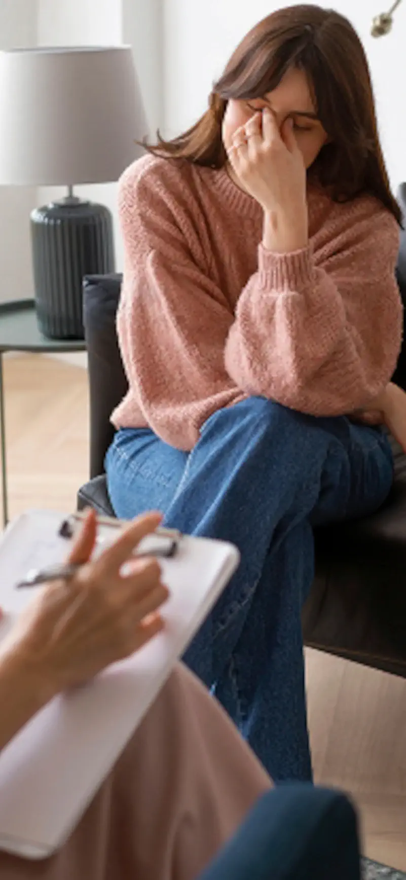 woman sitting on couch receiving counseling